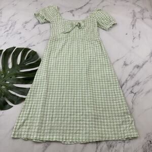 Roxy Houndstooth Midi Dress Size S Mint Green White Puff Sleeve Pastel